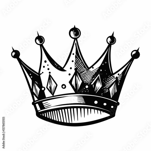 Intricate Black and White Crown Illustration with Gemstone Details