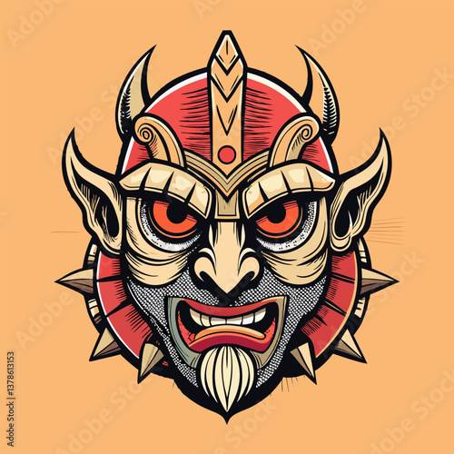 Fierce Tribal Mask Illustration with Horns and Bold Colors on Orange Background