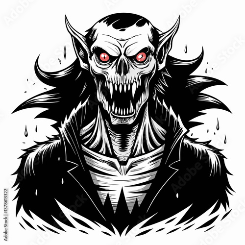 Fierce Vampire Illustration with Monstrous Features and Sharp Fangs in Gothic Style