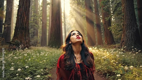 Mystical Woods: A young woman gazes up in a majestic forest, bathed in dappled sunlight, capturing a moment of contemplation, and a sense of peace and wonder.