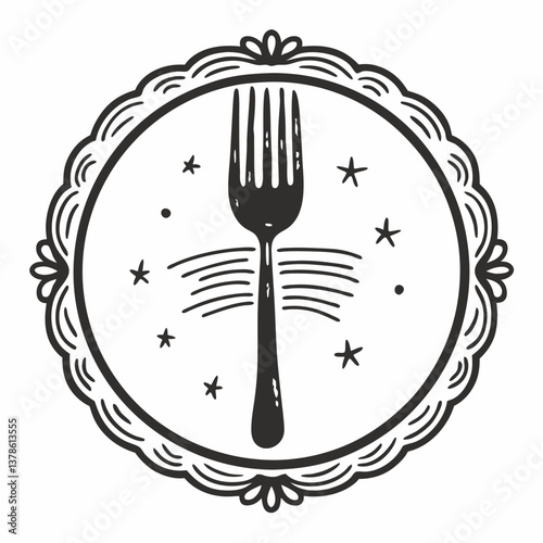 Vintage Fork Illustration on Elegant Decorative Plate with Stars