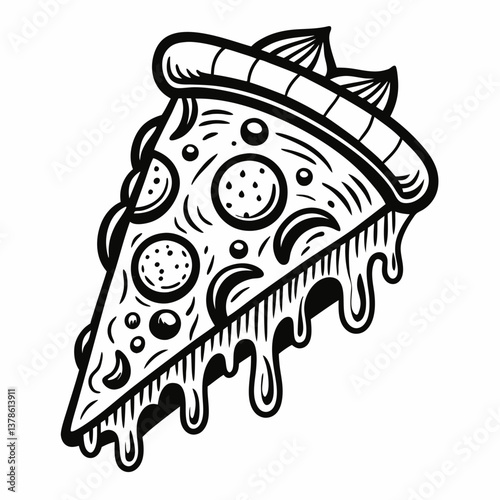 Dripping Pizza Slice Illustration  Black and White  Art