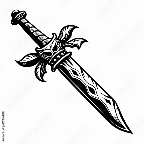 Intricate Vintage Dagger Illustration with Leaf Motif Design