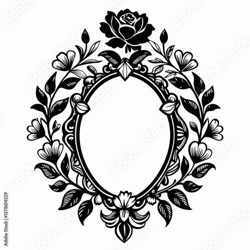 A black and white framed picture of a rose with leaves