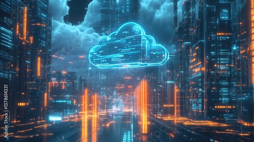 A digital illustration of a glowing cloud shape integrated with a network of fast-moving data streams