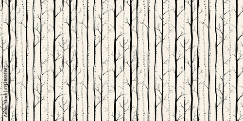 Seamless pattern featuring slender tree trunks on a light background with delicate branches. birch tree background
