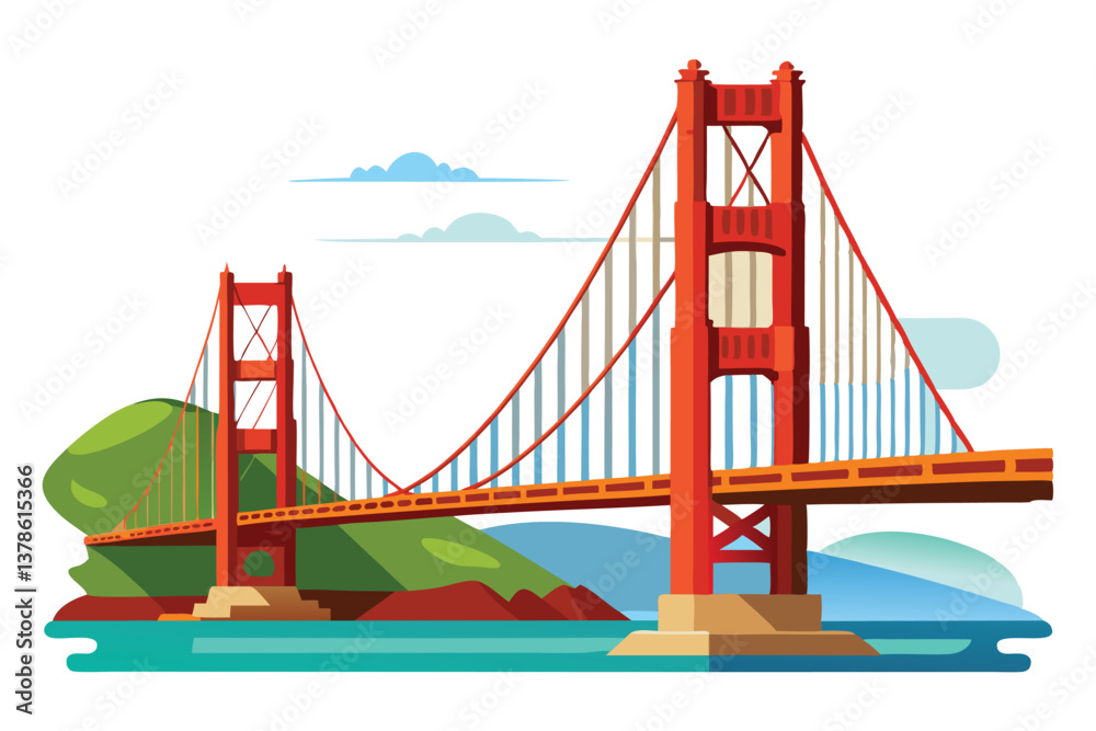 Obraz premium Golden Gate Bridge Cartoon in Vibrant Red, Blue, and Green