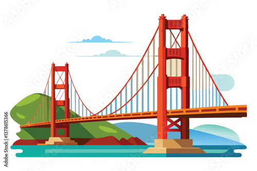 Golden Gate Bridge Cartoon in Vibrant Red, Blue, and Green