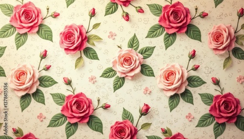 Delicate, repeating rose pattern on vintage wallpaper , floral, blossom, repetitive