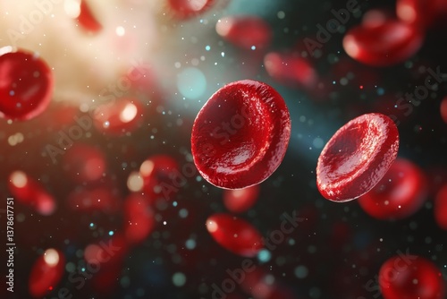 Red blood cells moving through a vibrant background in a microscopic view of human circulation system