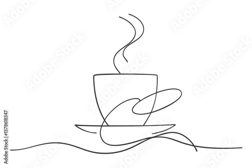 Minimalist Continuous Line Art of Steaming Coffee Cup with Transparent Background