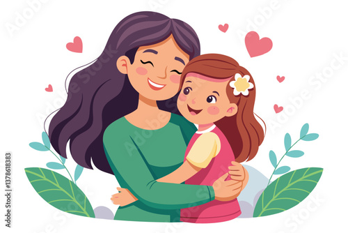 Happy Mother Embracing Daughter with Hearts and Leaves on White Background