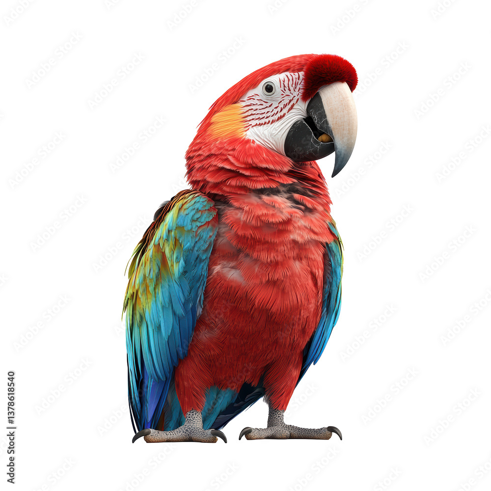 Fototapeta premium A colorful parrot is standing on a white background. The bird is red and blue with a yellow beak