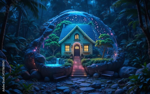 A transparent rock in a jungle at night with a small neon house and surrounding scenery inside