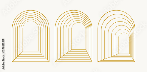 Set of line arch tunnels in trendy boho style. Window, door or portal in archway form creating depth and perspective. Ideal for abstract design, decor or decoration. Vector illustration 