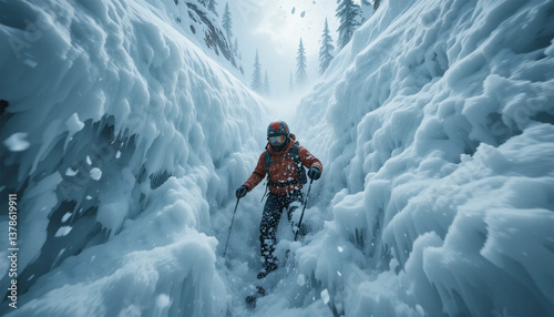 A lone skier navigates a breathtaking icy chasm, a daring adventure amidst a winter wonderland of frosted peaks and swirling snow, captured in crisp, cool tones.