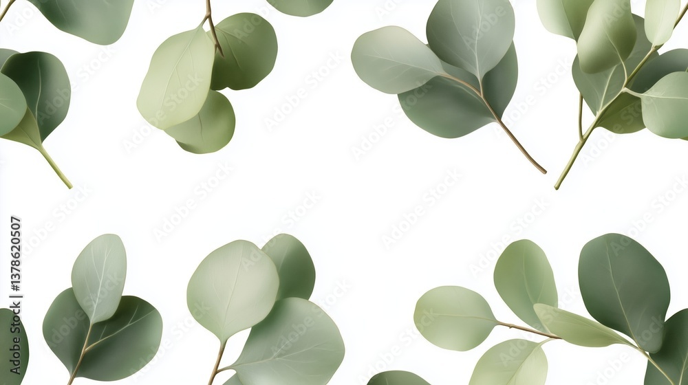 Obraz premium Green eucalyptus leaves scattered on a clean white background for natural decor or design projects
