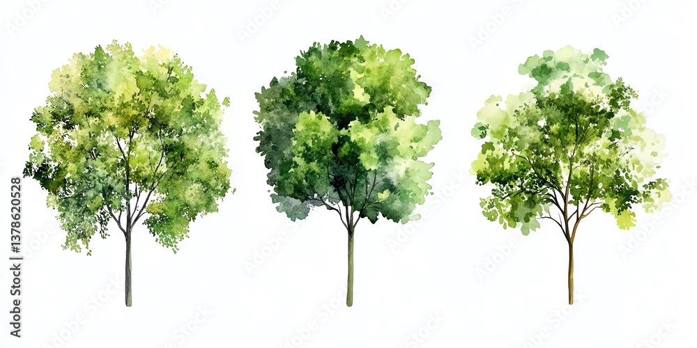 Fototapeta premium Watercolor Trees Painting Collection Isolated on White Background For Design