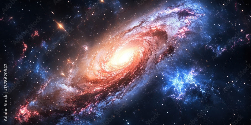 Obraz premium a spiral galaxy with a bright center surrounded by stars, Outer space with distant galaxies, nebulas