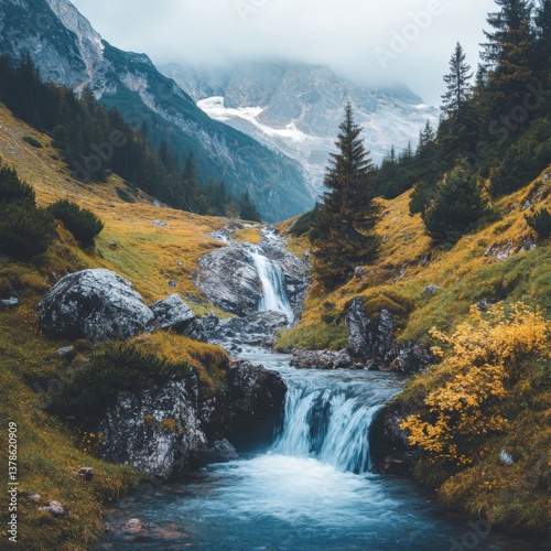 Serene mountain stream amidst lush landscape with flowing water and majestic peaks in the background photo