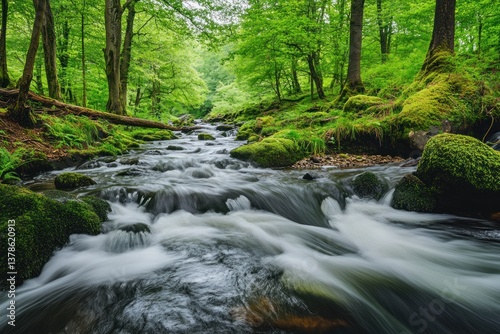 A flowing river winding through a lush green forest landscape setting
