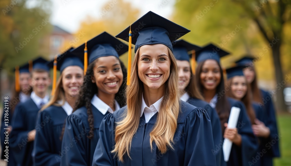 Group enthusiastic college graduates in cap gown posing with diplomas outdoors. Happy students smile, celebrate graduation day. Graduates display ambition, success with cap and gown. Group enthusiastic college graduates in cap gown posing with diplomas outdoors. Happy students smile, celebrate graduation day. Graduates display ambition, success with cap and gown.