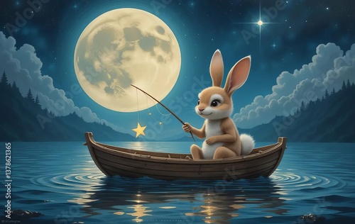 A digital painting of a young woman sitting in a boat fishing under a starry sky with a full moon