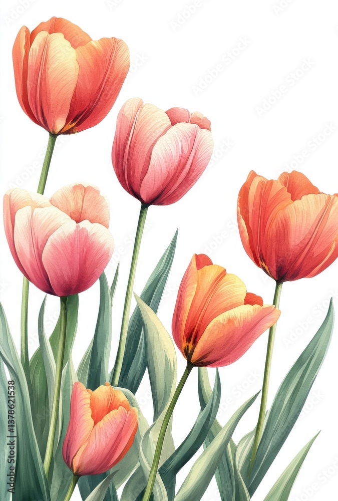 Fototapeta premium Watercolor tulips in shades of pink and orange on white background