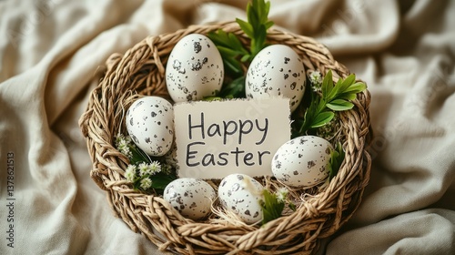 Elegant Easter display of white and silver eggs in an egg basket decorated with small flowers and green leaves on light beige linen surrounded by a note that reads 