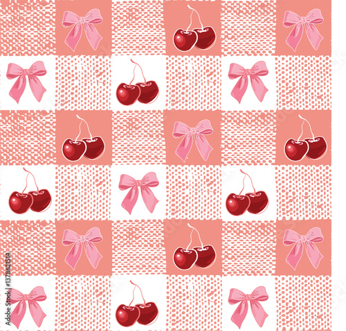 Cherry Bow Checkered   Pattern  Vector 