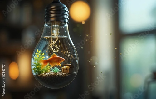 A close-up view of a hanging lightbulb with a miniature goldfish tank inside