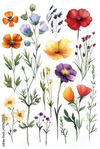 Elegant watercolor illustration of wildflowers in vibrant colors and delicate composition
