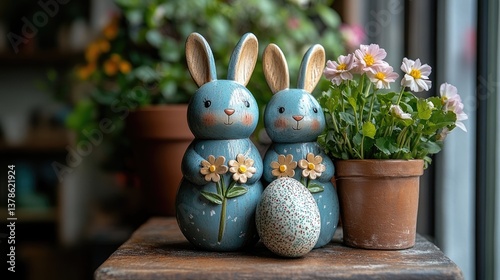 Two Hand-Painted Wooden Easter Bunnies and Decorated Eggs Adjacent to a Flower Pot with Primroses, Easter Celebration Scene
