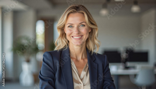 A portrait headshot photo of a friendly professional CEO executive business worker: A confident businesswoman with blonde hair smiles directly at the camera while wearing a navy blazer and cream- Free Download A portrait headshot photo of a friendly professional CEO executive business worker: A confident businesswoman with blonde hair smiles directly at the camera while wearing a navy blazer and cream- - GFXLoad