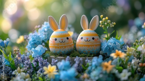 A pair of painted Easter eggs shaped like bunnies with yellow and orange stripes and a background of blue and purple flowers sit in pots for a whimsical Easter decor.
