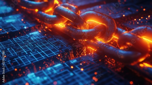 A conceptual illustration of a glowing chain link in red and blue hues,