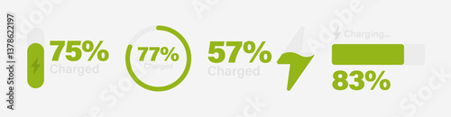 Modern battery charging indicators in a light gray. Green charging signs with percentage levels of charge. Perfect for UI UX design, web, mobile app or device