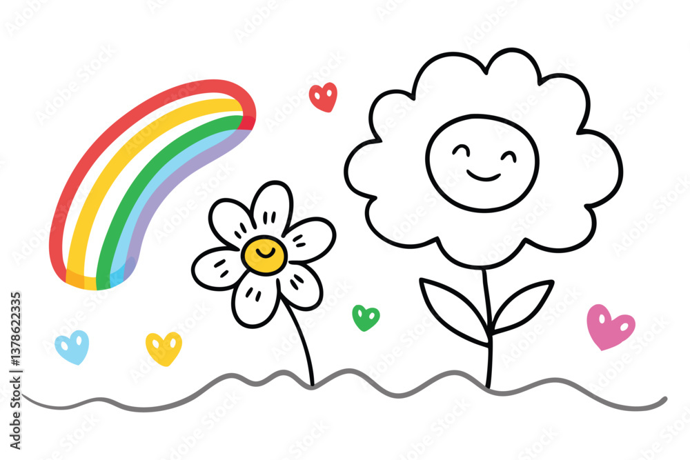 Obraz premium Playful Rainbow and Smiling Flower Doodles on Transparent Background Cute Art Style