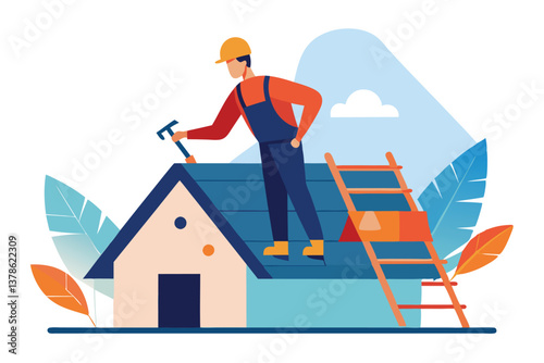 Repairman Cartoon Character with Hammer on Blue House Roof