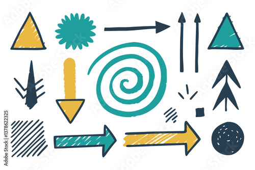 Playful HandDrawn Doodle Set with Arrows, Triangles, Spiral, Circle on White