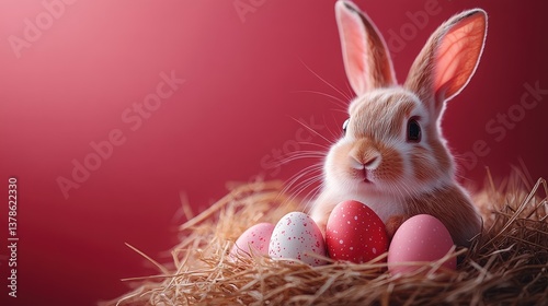 Easter-themed background with a charming bunny character holding colorful eggs on a straw, presented in a soft pink color palette, featuring a simple and minimalist style.
