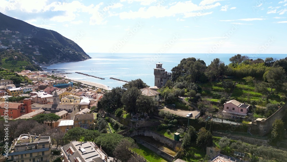 Europe, Italy , Liguria drone aerial view of Moneglia little sea village in province of Genoa close to Cinque Terre - Gulf of Tigullio Mediterranean sea landscape