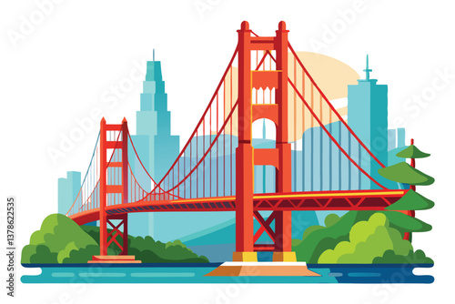 San Francisco Golden Gate Bridge Flat Style on White Background