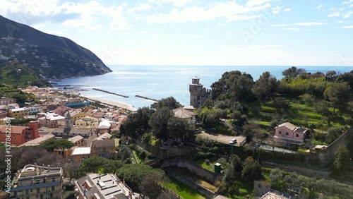 Obraz na płótnie Europe, Italy , Liguria drone aerial view of Moneglia little sea village in province of Genoa close to Cinque Terre - Gulf of Tigullio Mediterranean sea landscape w salonie