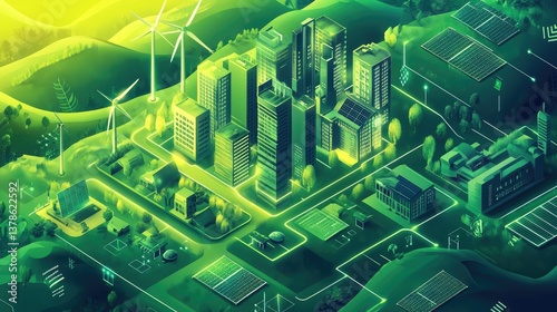Illustration of a green, futuristic city with wind turbines and modern buildings
