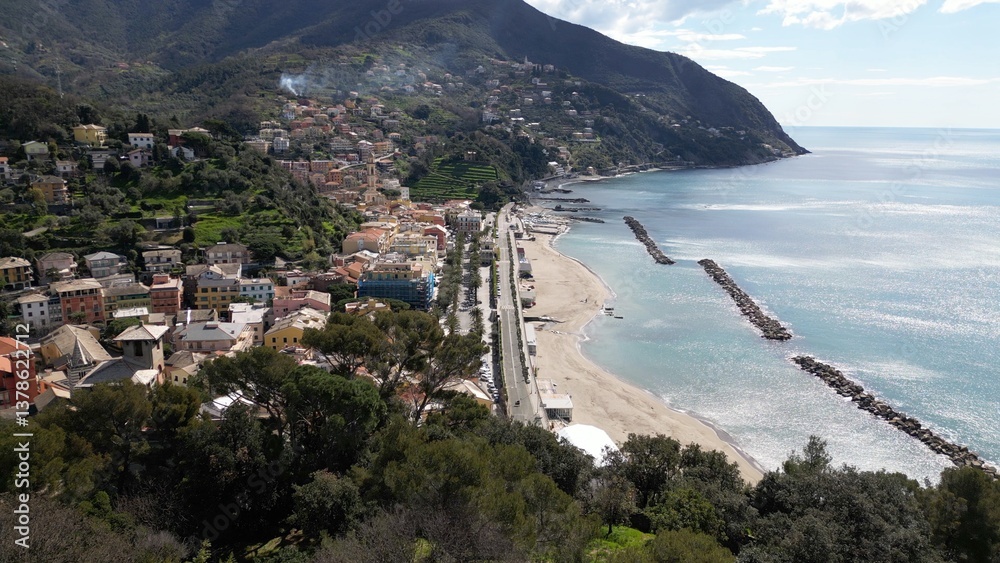 Europe, Italy , Liguria drone aerial view of Moneglia little sea village in province of Genoa close to Cinque Terre - Gulf of Tigullio Mediterranean sea landscape