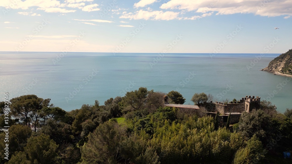 Europe, Italy , Liguria drone aerial view of Moneglia little sea village in province of Genoa close to Cinque Terre - Gulf of Tigullio Mediterranean sea landscape