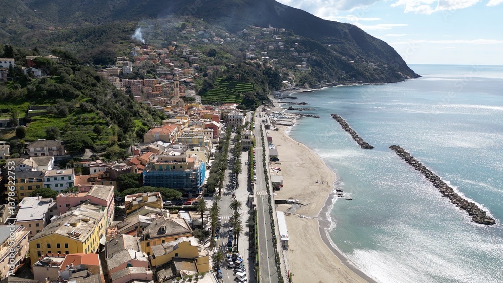 Europe, Italy , Liguria drone aerial view of Moneglia little sea village in province of Genoa close to Cinque Terre - Gulf of Tigullio Mediterranean sea landscape