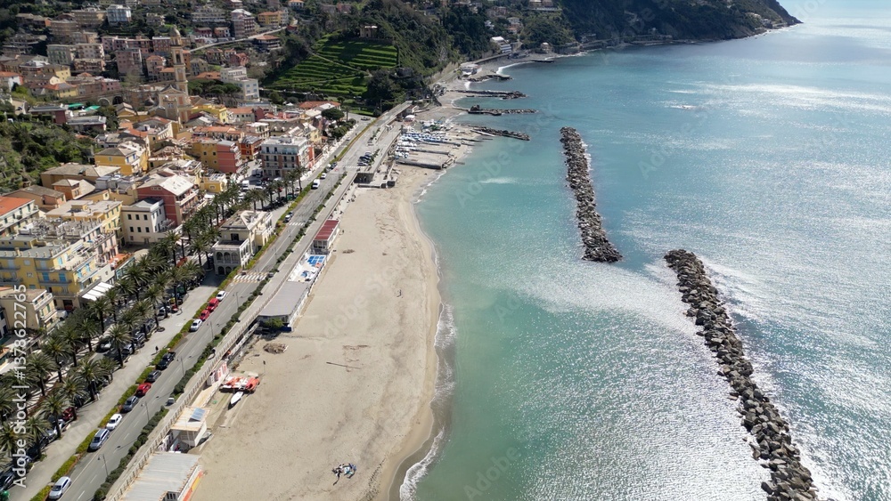 Europe, Italy , Liguria drone aerial view of Moneglia little sea village in province of Genoa close to Cinque Terre - Gulf of Tigullio Mediterranean sea landscape