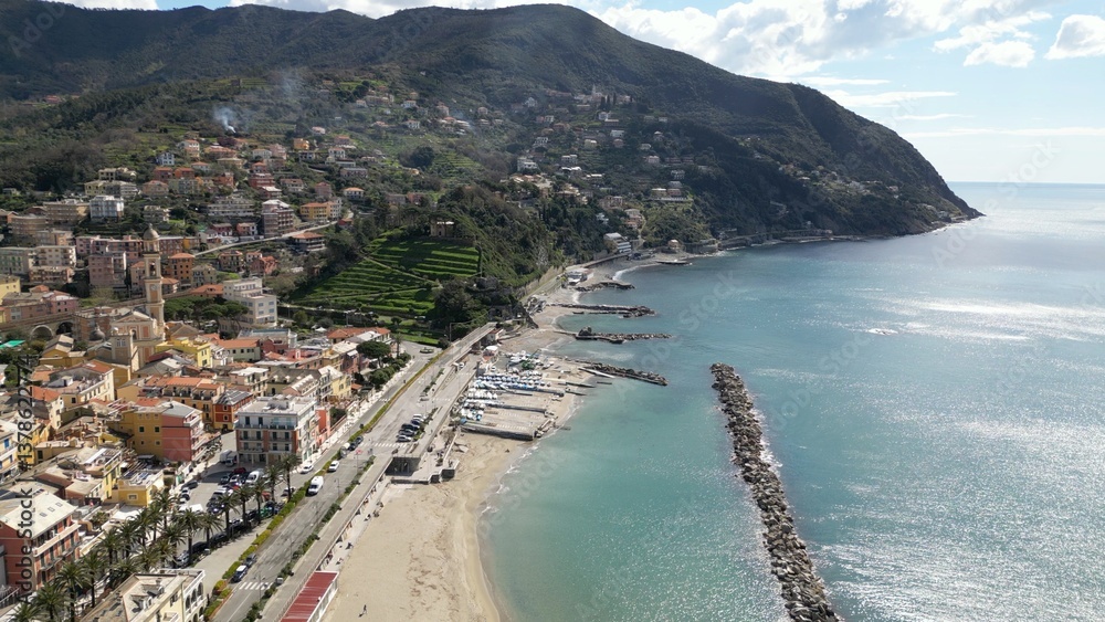 Fototapeta premium Europe, Italy , Liguria drone aerial view of Moneglia little sea village in province of Genoa close to Cinque Terre - Gulf of Tigullio Mediterranean sea landscape 